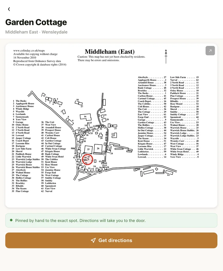 The app showing Garden Cottage ringed in red on Colin's Middleham East drawing, with a Get directions button.