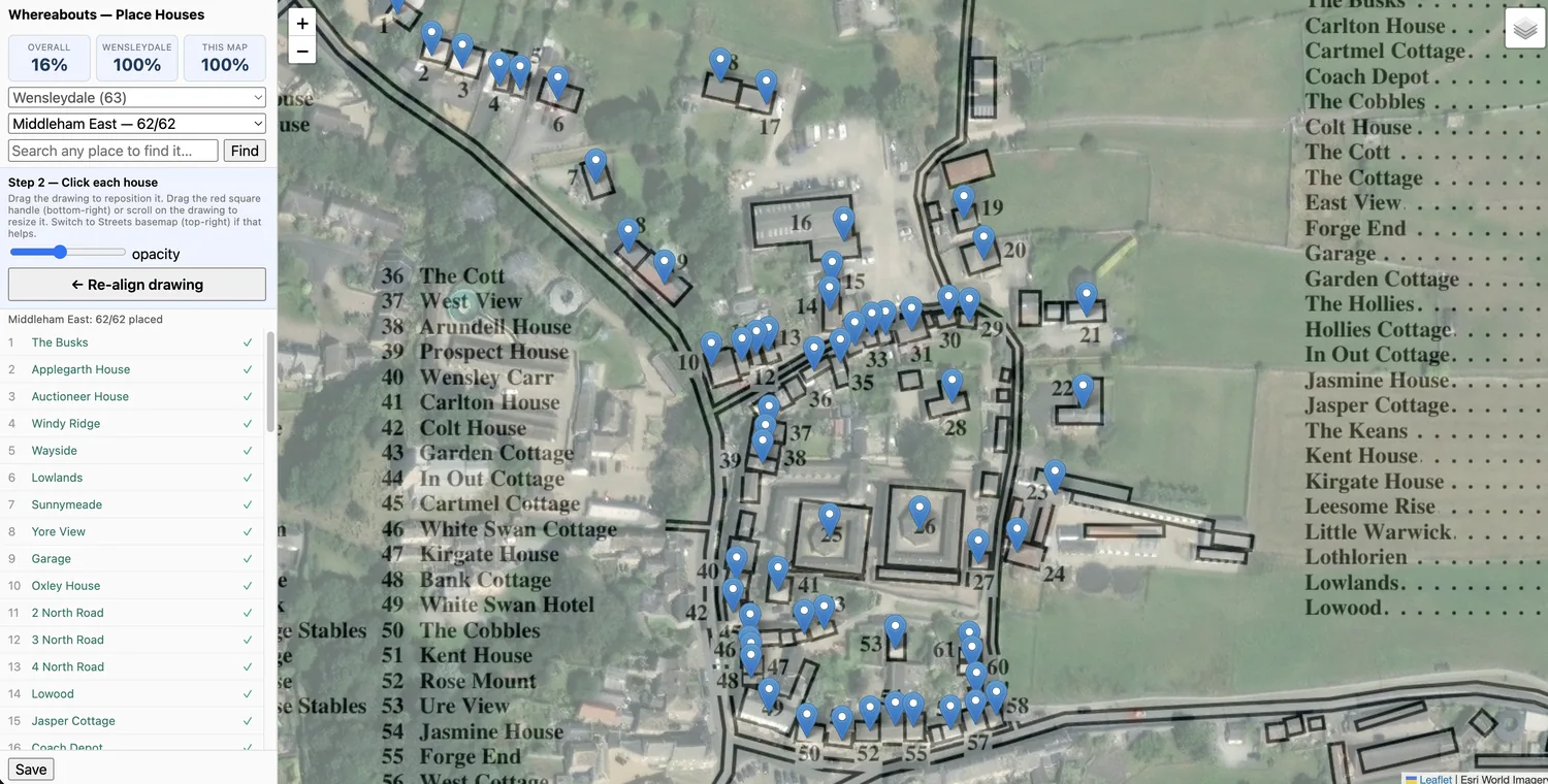 The placement tool: all sixty-two houses of Middleham East marked with pins on a satellite photograph, with Colin's drawing faded over the top.