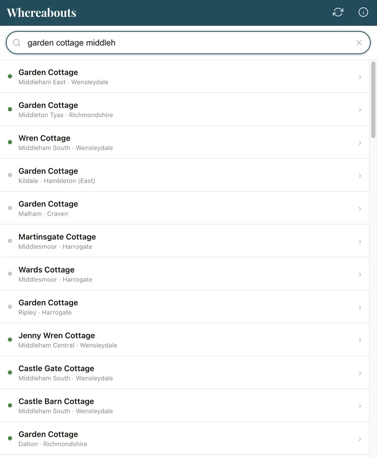 The app's search screen with 'garden cottage middleh' typed in, Garden Cottage in Middleham East at the top of the results.